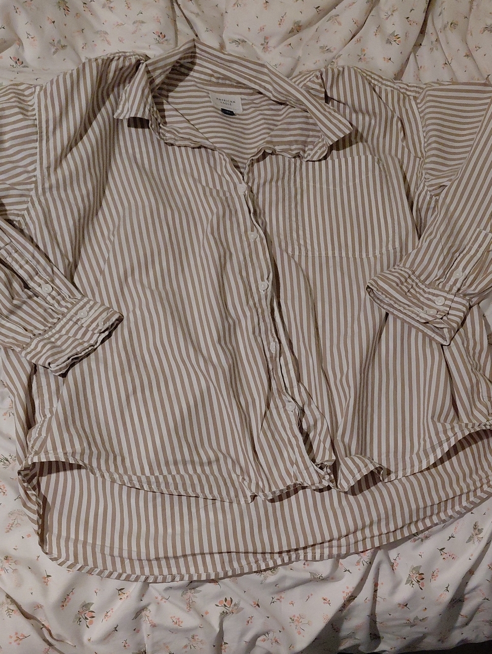 American Eagle Outfitters Beige and White Striped Button-Down Shirt